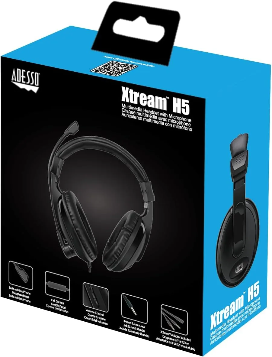 Adesso Xtream H5 - 3.5mm Stereo Headset with Microphone - Noise Cancelling - Wired- Lightweight - Works with Computer