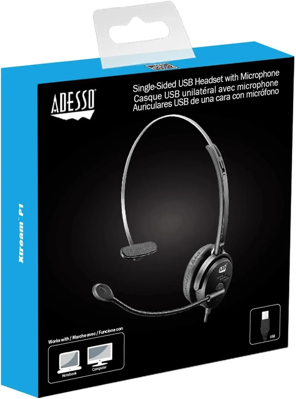 Xtream P1 Single-Sided USB Wired Headset with Adjustable Noise Canceling Microphone, Black