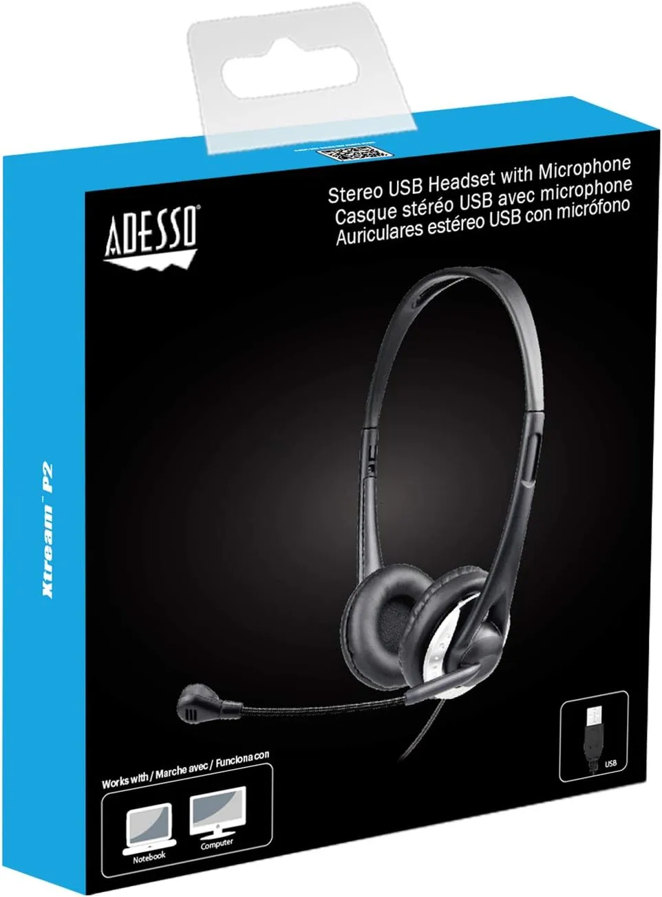 Xtream P2 USB Wired Multimedia Headset with Noise-Canceling Microphone, Binaural Over The Head, Black