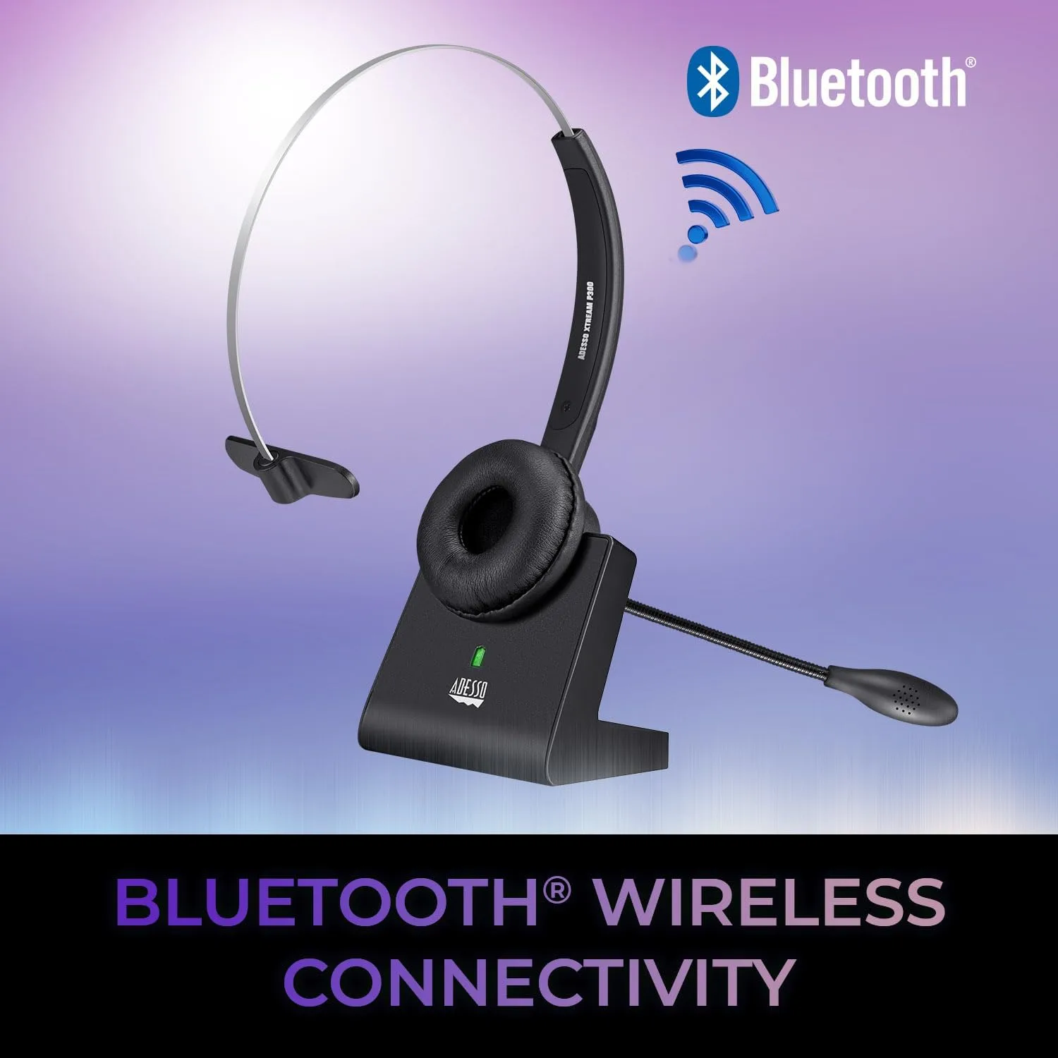 ADESSO Xtream P300 Bluetooth Single Ear Headset with Charging Dock 14 Hour Talk Time Wireless Office Headphone