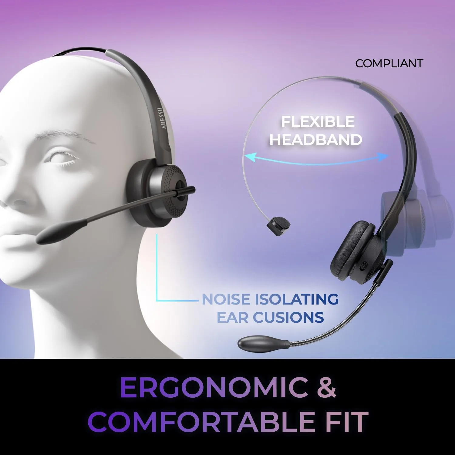 ADESSO Xtream P300 Bluetooth Single Ear Headset with Charging Dock 14 Hour Talk Time Wireless Office Headphone