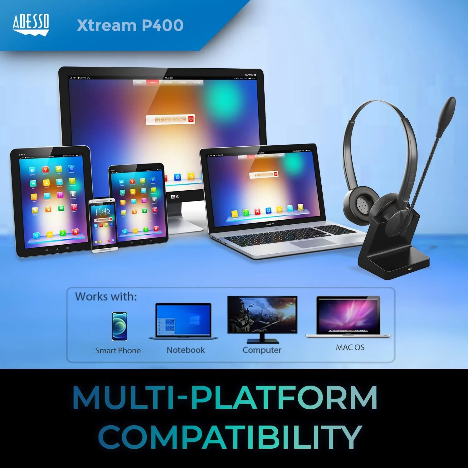 ADESSO Xtream P400 Wireless Multimedia Headset with Charging Dock - Bluetooth 5.0, 14Hrs Talk & Listen Time