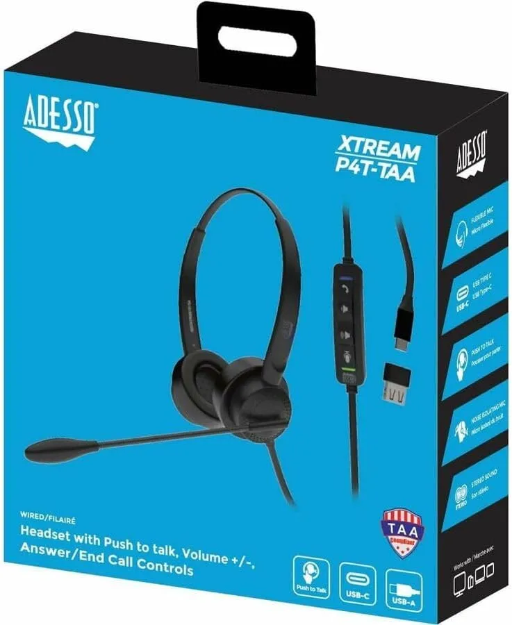 ADESSO Xtream P4T-TAA USB Headset with Microphone Push to Talk Button Volume Control Answer End Call for Computer PC Mac Windows Business Communication Made in Taiwan TAA Compliant