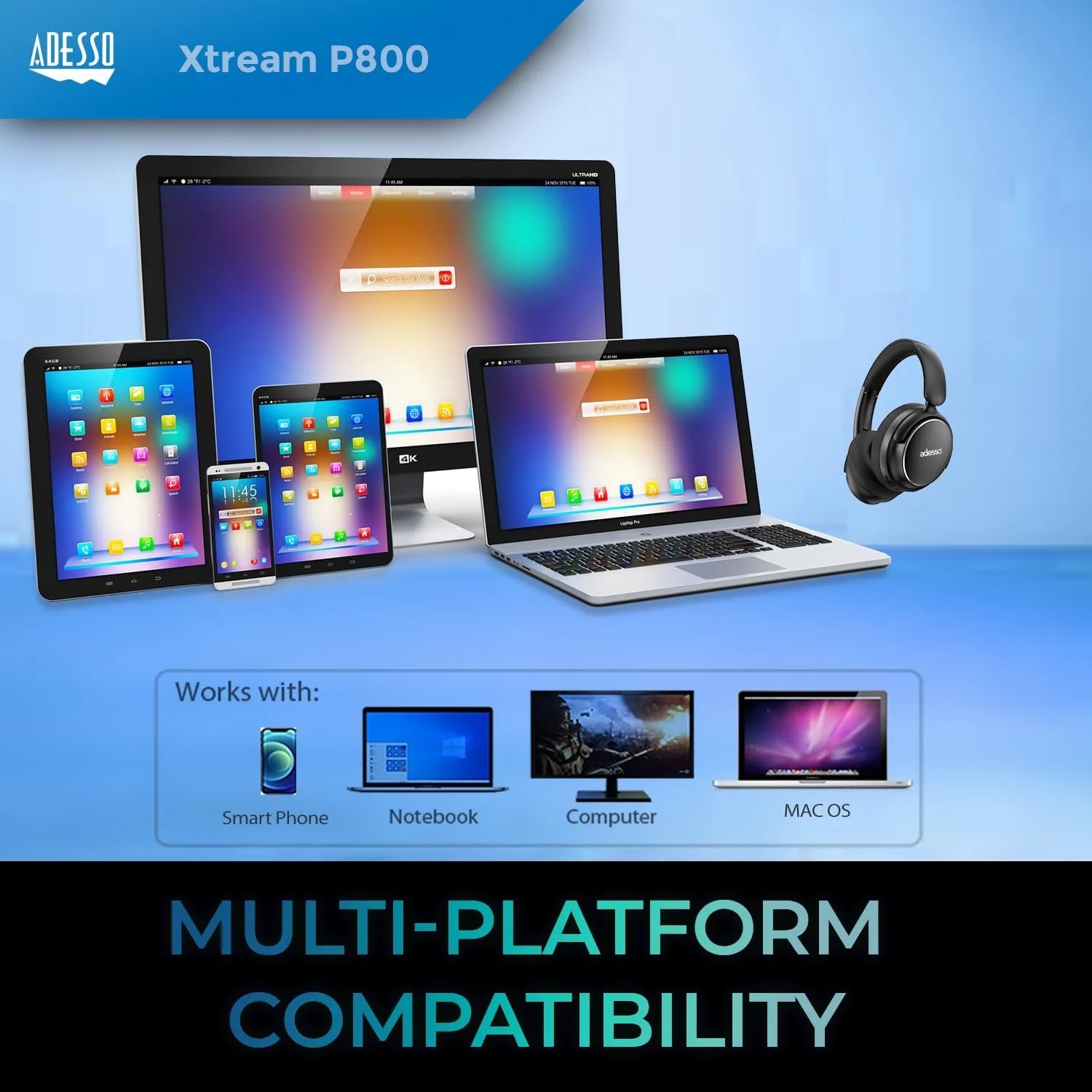 Adesso Xtream P800 Bluetooth Headphones with Active Noise Cancellation, Built-in Mic, 40H Battery, 3.5mm AUX, Foldable