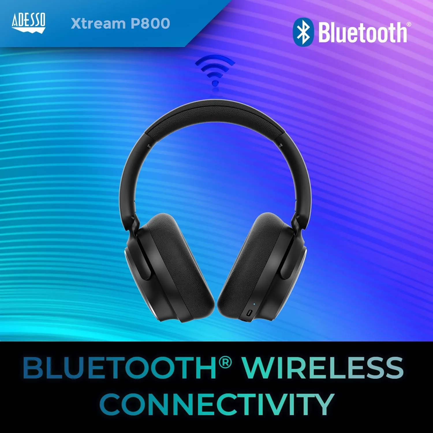 Adesso Xtream P800 Bluetooth Headphones with Active Noise Cancellation, Built-in Mic, 40H Battery, 3.5mm AUX, Foldable