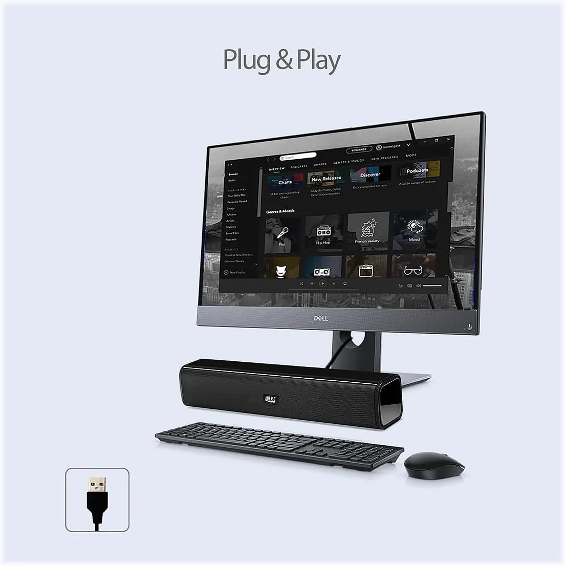 ADESSO Xtream S5 USB Sound Bar Speaker for PC Desktop 5W x2, Black