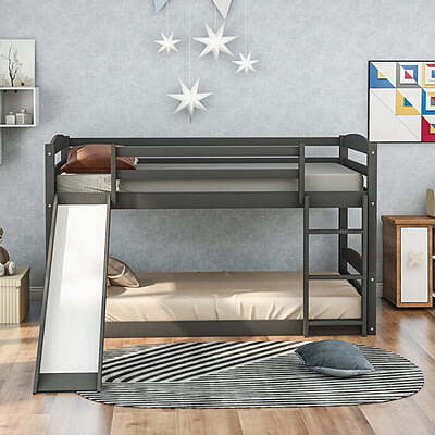 Modern Gray Kids Bunk Bed with Slide and Ladder
