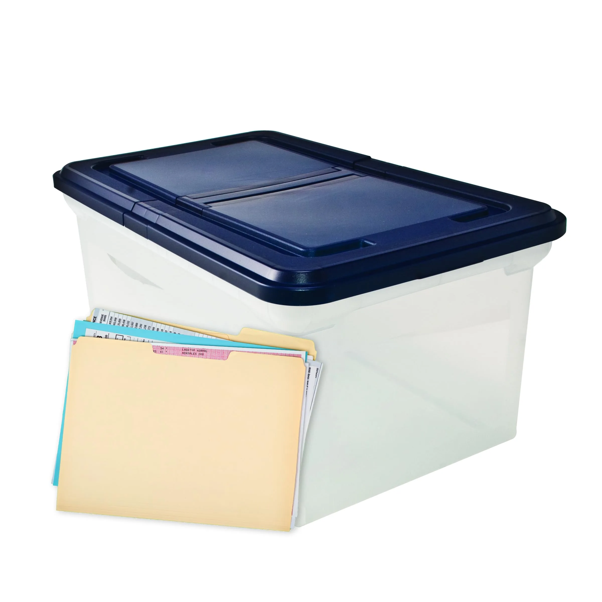 Advantus 55797 File Tote with Hinged Lid, Letter Size, Clear/Navy