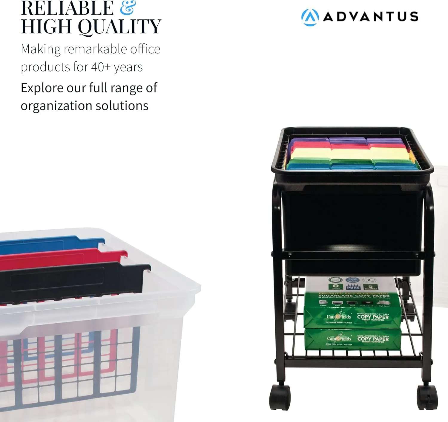 Advantus 55797 File Tote with Hinged Lid, Letter Size, Clear/Navy