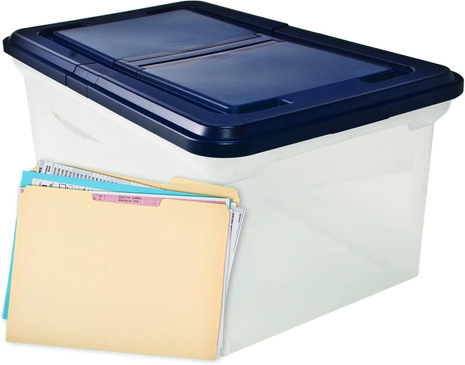 Advantus 55797 File Tote with Hinged Lid, Letter Size, Clear/Navy