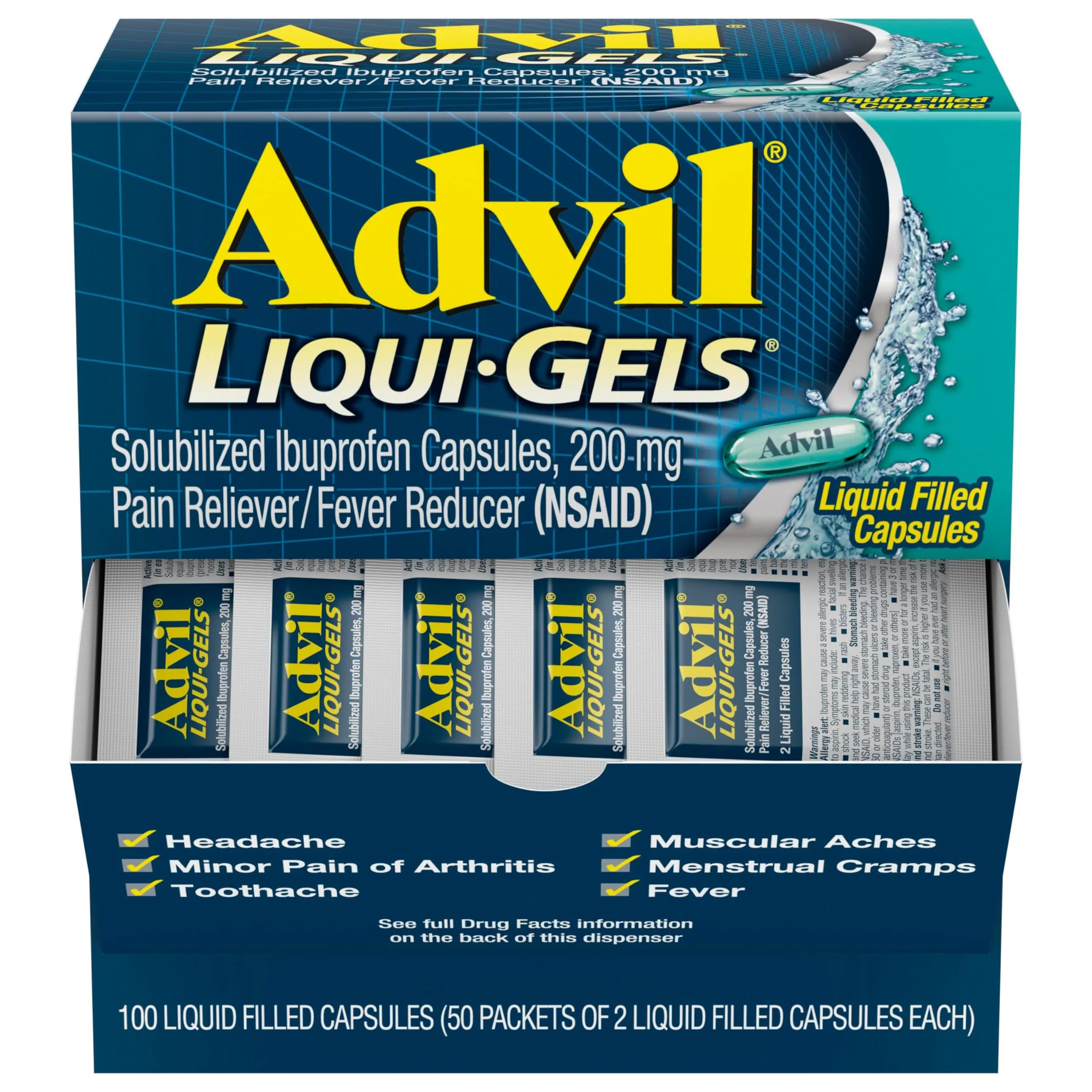 Advil Liqui-Gels Pain Reliever and Fever Reducer, Pain Medicine for Adults with Ibuprofen 200mg for Headache, Backache