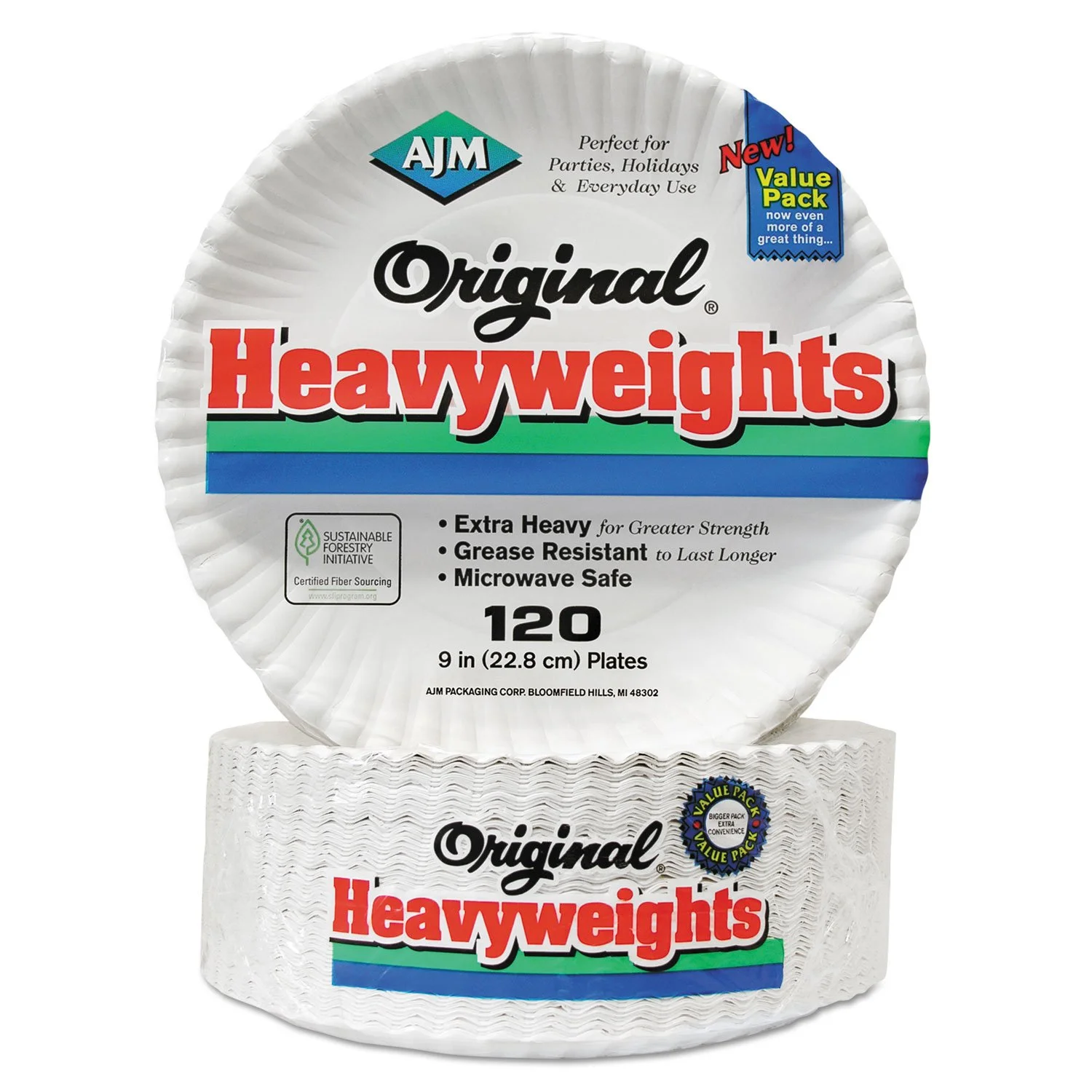 AJM Packaging Corporation Gold Label Coated Paper Plates, 9" Dia, White, 120/pack, 8 Packs/carton