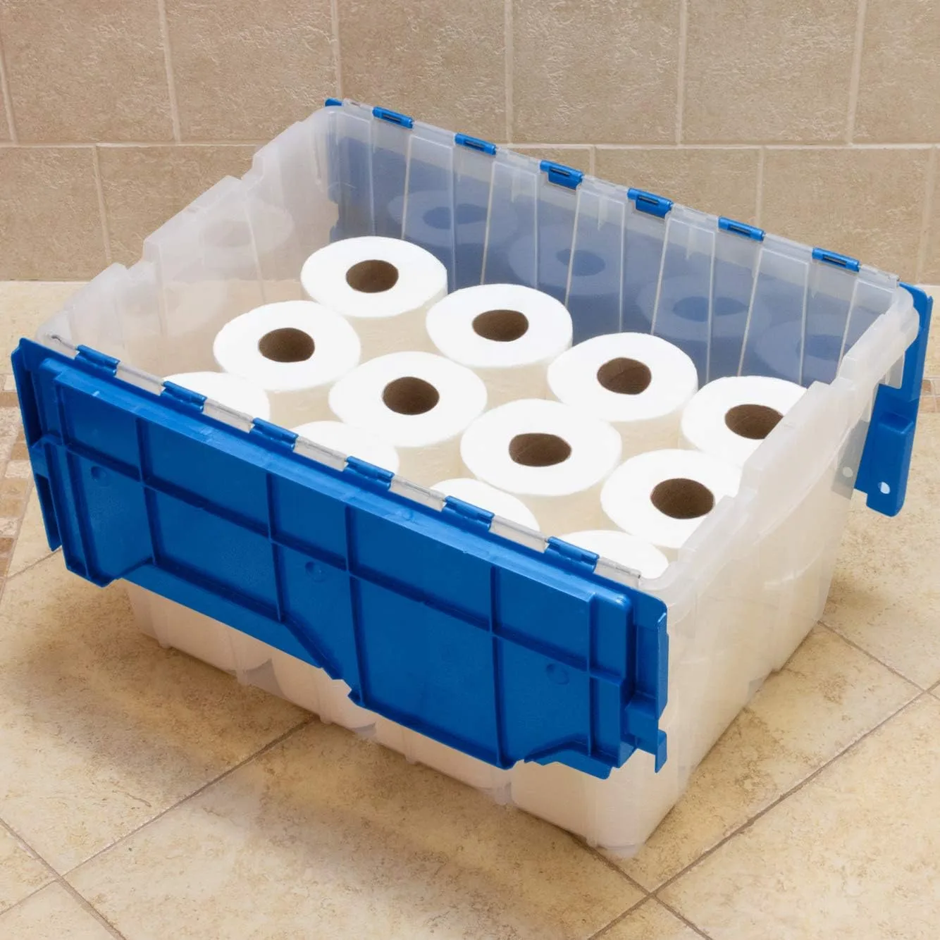 Akro-Mils KeepBox 12 Gallon Storage Container, Nesting and Stackable Plastic Tote with Attached Lid, Clear/Blue