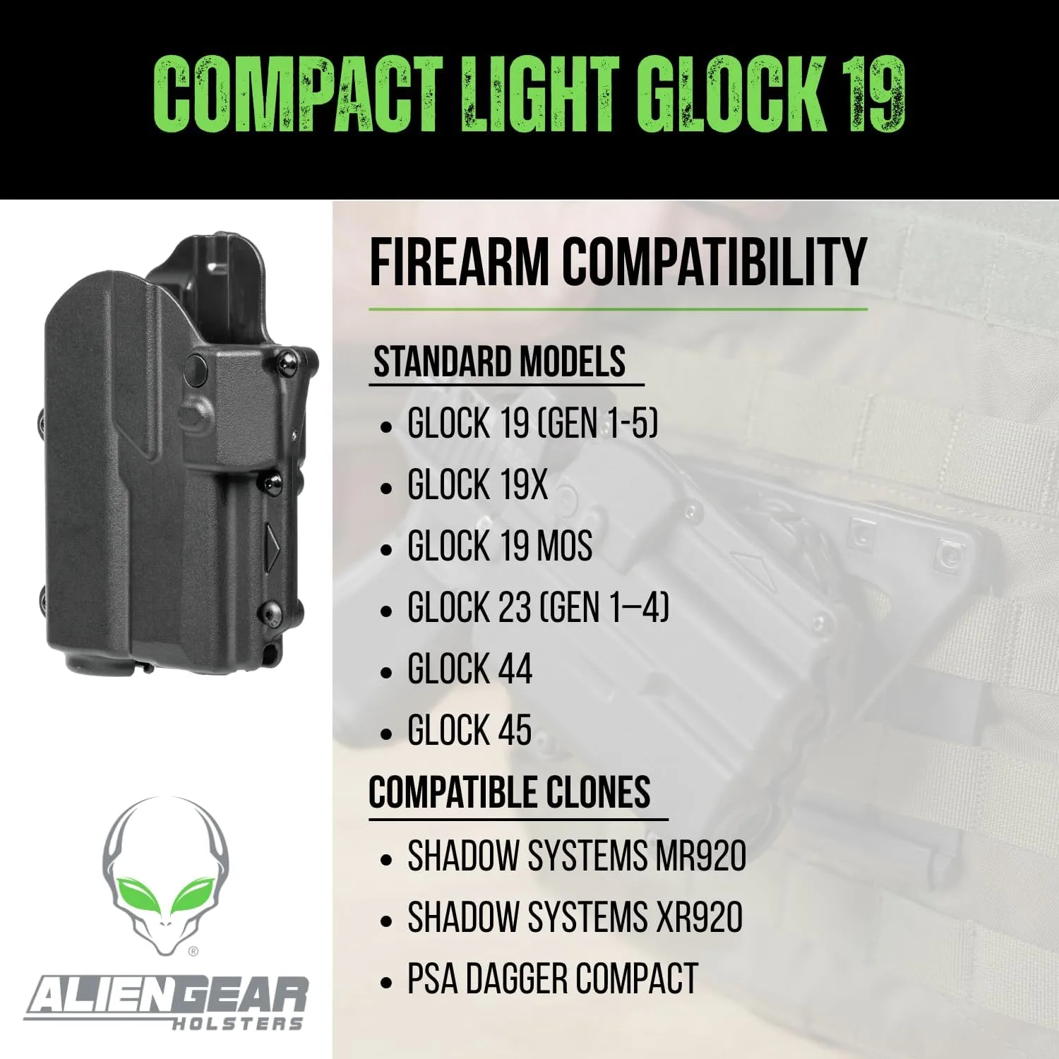 Alien Gear Rapid Force Level 2 Holster & Photon Light-Bearing Holster – Glock 19/19X/19 MOS/23 (Gen 1–4)/44/45/45 MOS