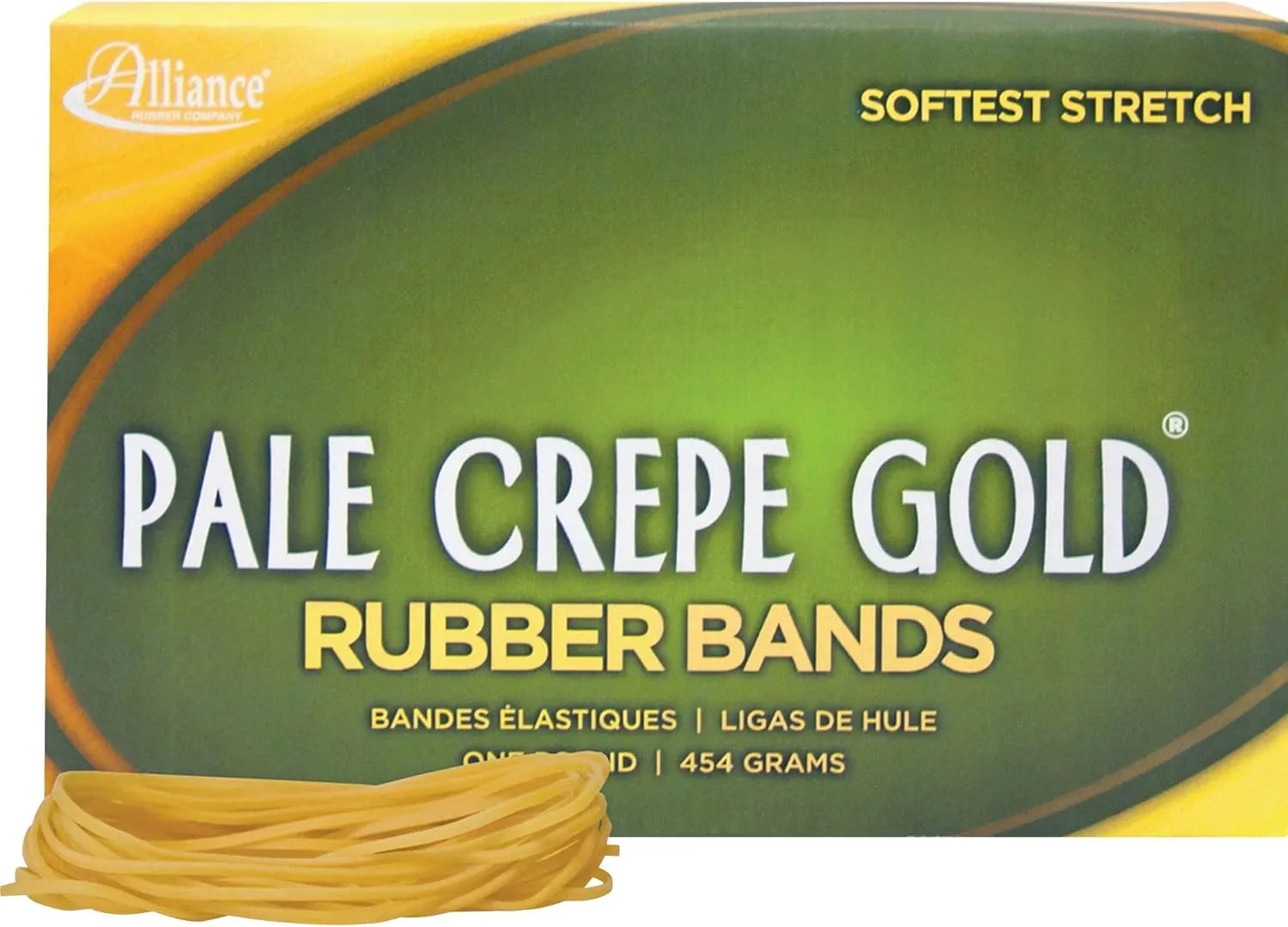 Alliance Rubber Pale Crepe Gold Rubber Bands, #19, 3 1/2in x 1/16in, 1 lb Box of 1,890