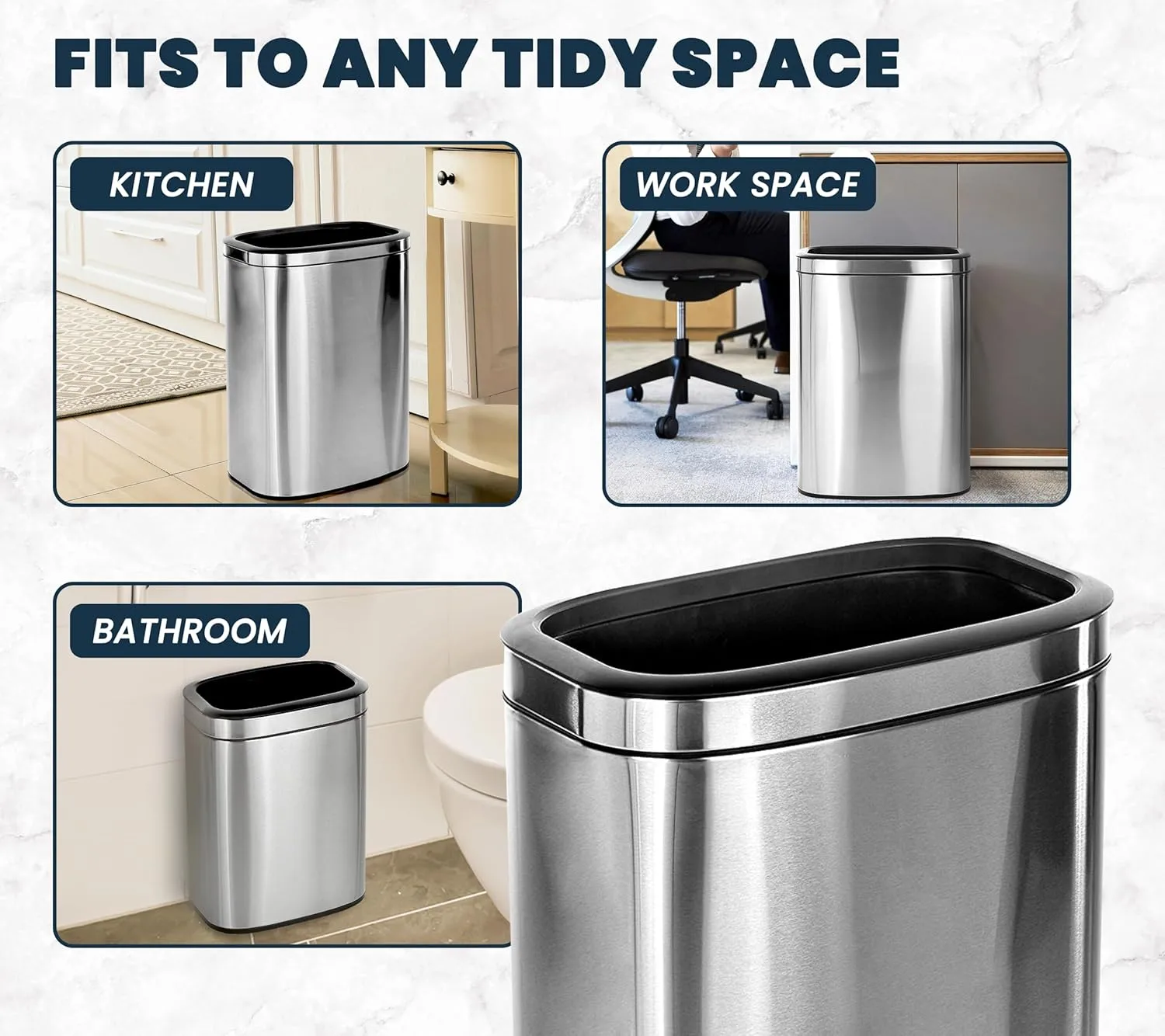 Alpine Stainless Steel Open Top Trash Can 10.5 Gallon - 40L Garbage Can for Kitchen, Bathroom