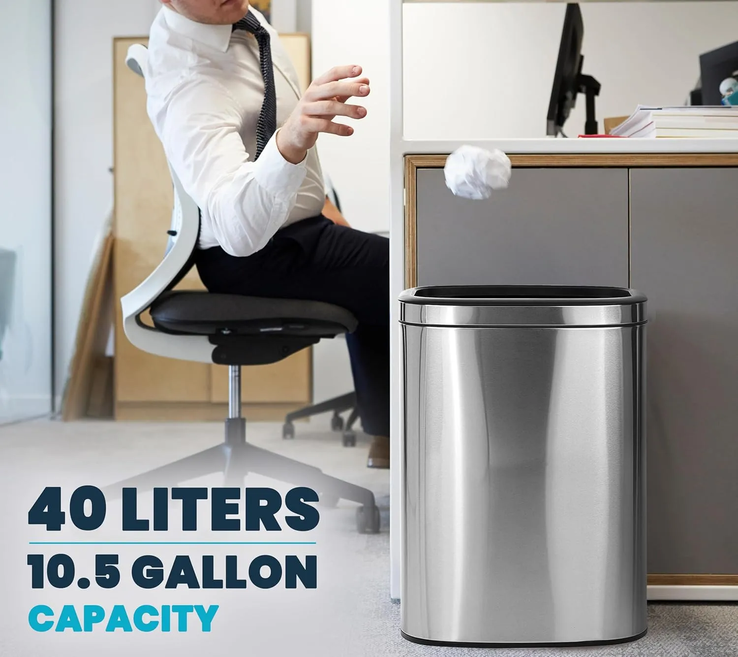 Alpine Stainless Steel Open Top Trash Can 10.5 Gallon - 40L Garbage Can for Kitchen, Bathroom