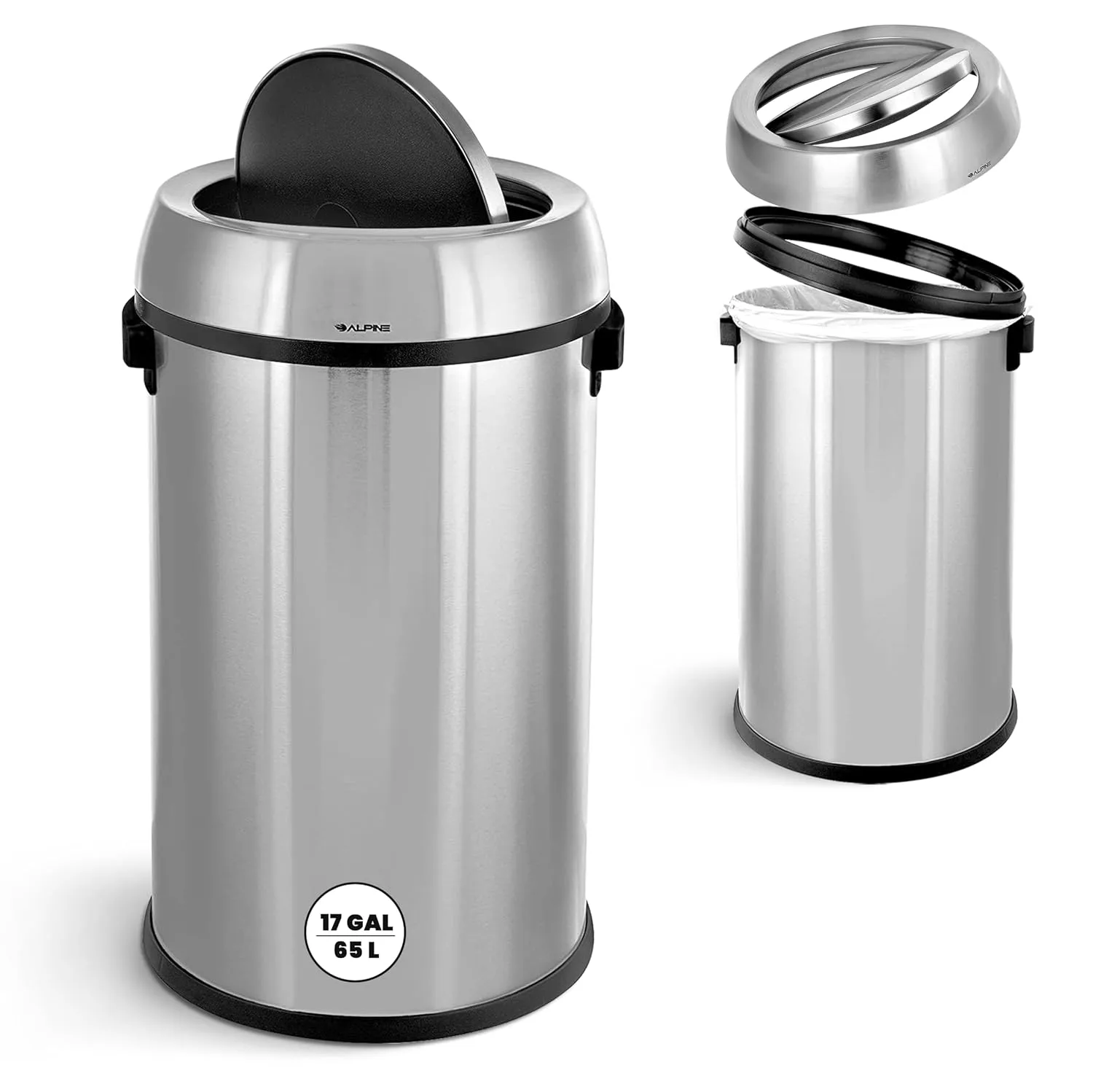Alpine 17-Gallon Stainless Steel Swing Top Trash Can – Commercial Grade Round Garbage Bin with Odor Control Lid