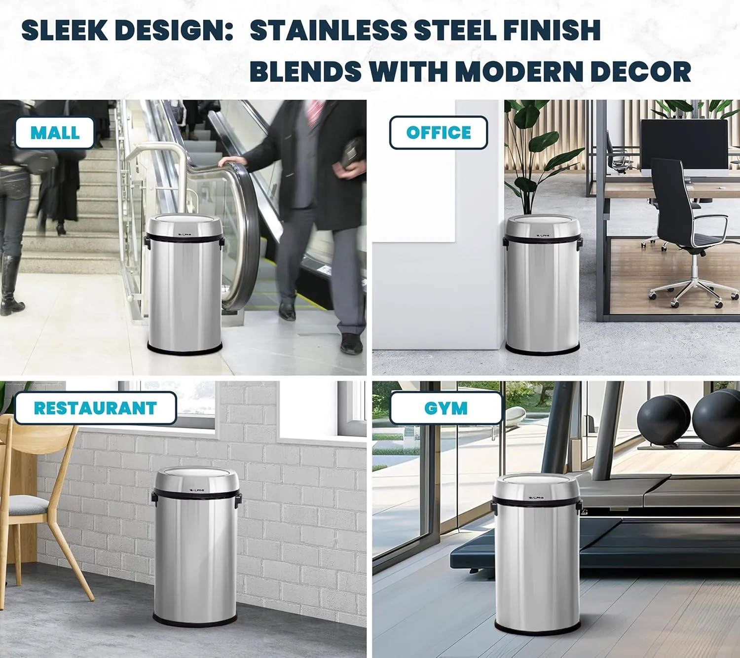 Alpine 17-Gallon Stainless Steel Swing Top Trash Can – Commercial Grade Round Garbage Bin with Odor Control Lid
