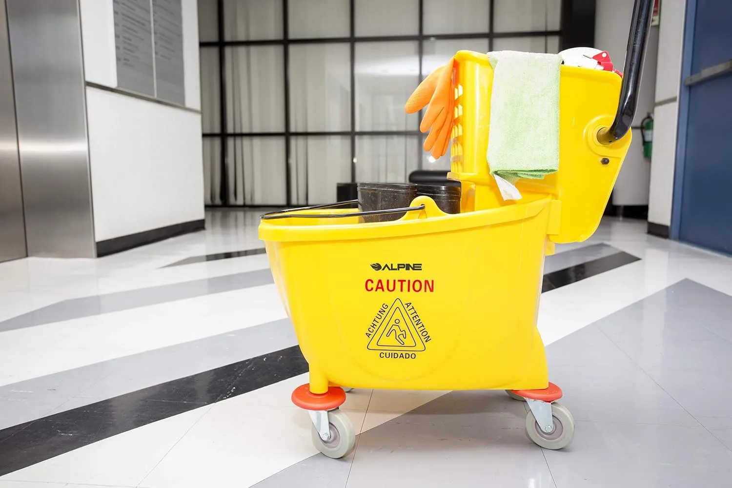 Alpine Industries Mop Bucket & Side Wringer Combo - Heavy Duty, 36 Qt, Yellow