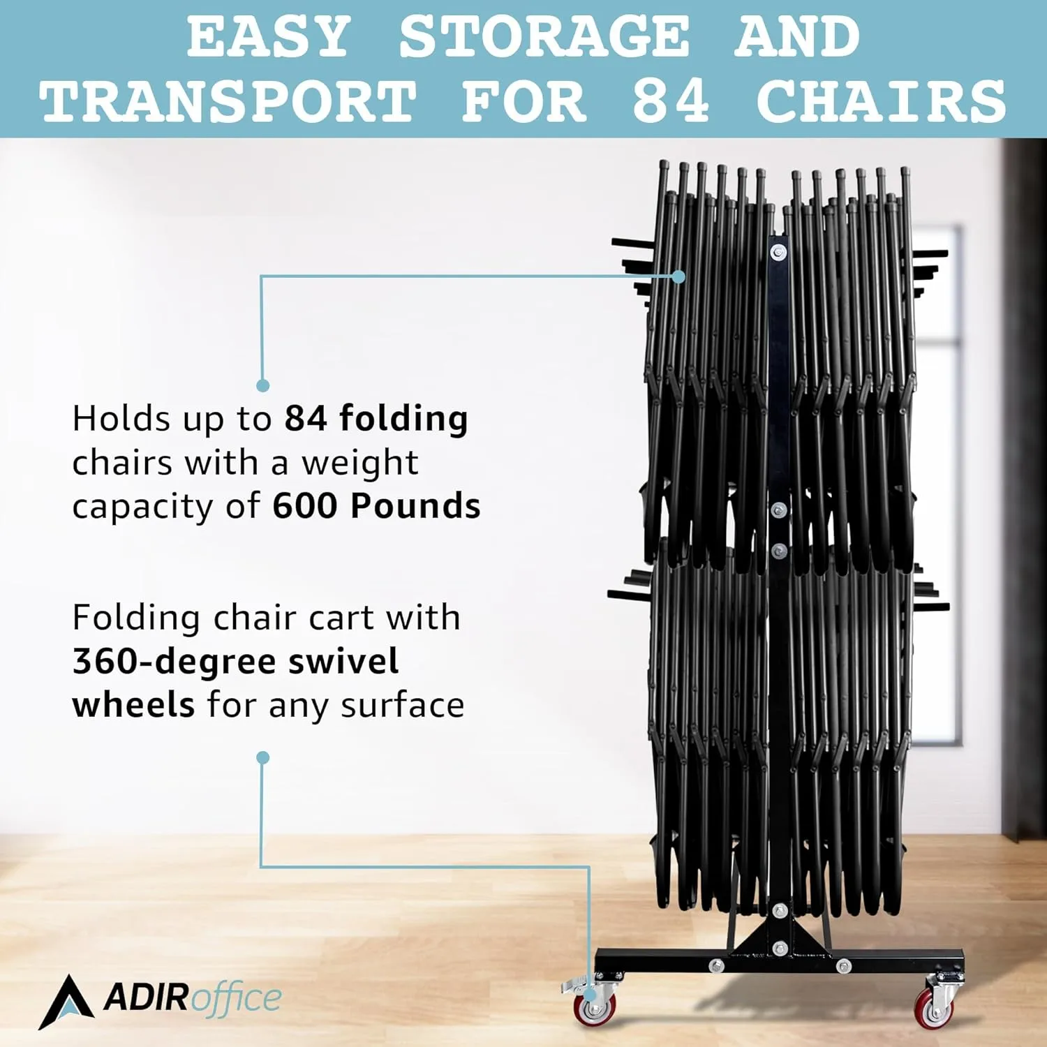 Alpine AdirOffice 1,000 Lb 2-Tier Steel Folding Chair Cart, 76-1/8inH x 67-3/4inW x 33-1/8inD, Black