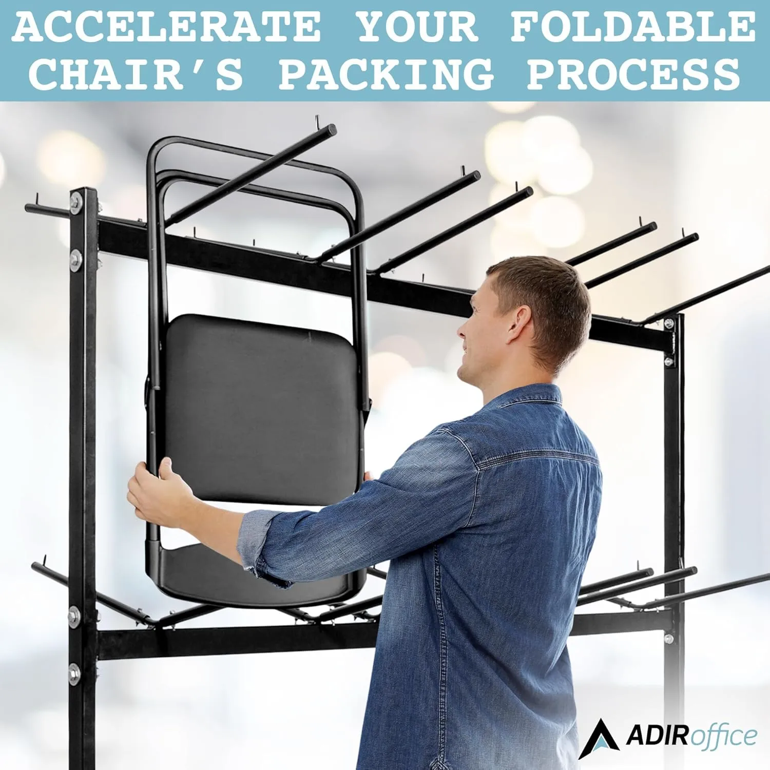 Alpine AdirOffice 1,000 Lb 2-Tier Steel Folding Chair Cart, 76-1/8inH x 67-3/4inW x 33-1/8inD, Black