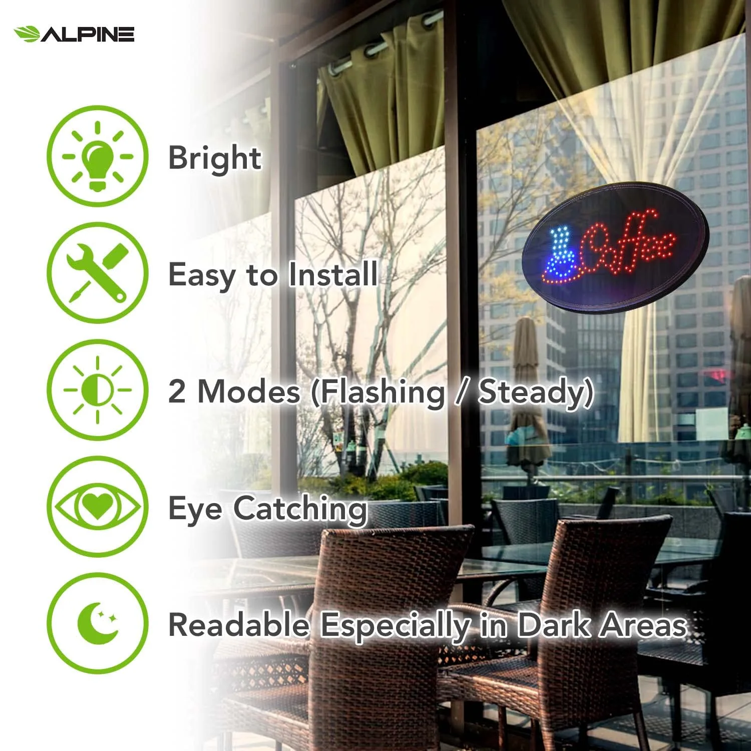 Alpine Industries LED Coffee Sign - High Visibility Tempered Glass Signage
