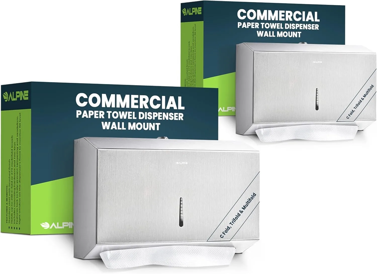 Alpine Paper Towel Dispenser Wall Mount for Multifold, Trifold & c Fold Paper Towel Holder 2-Pack Commercial Stainless Steel
