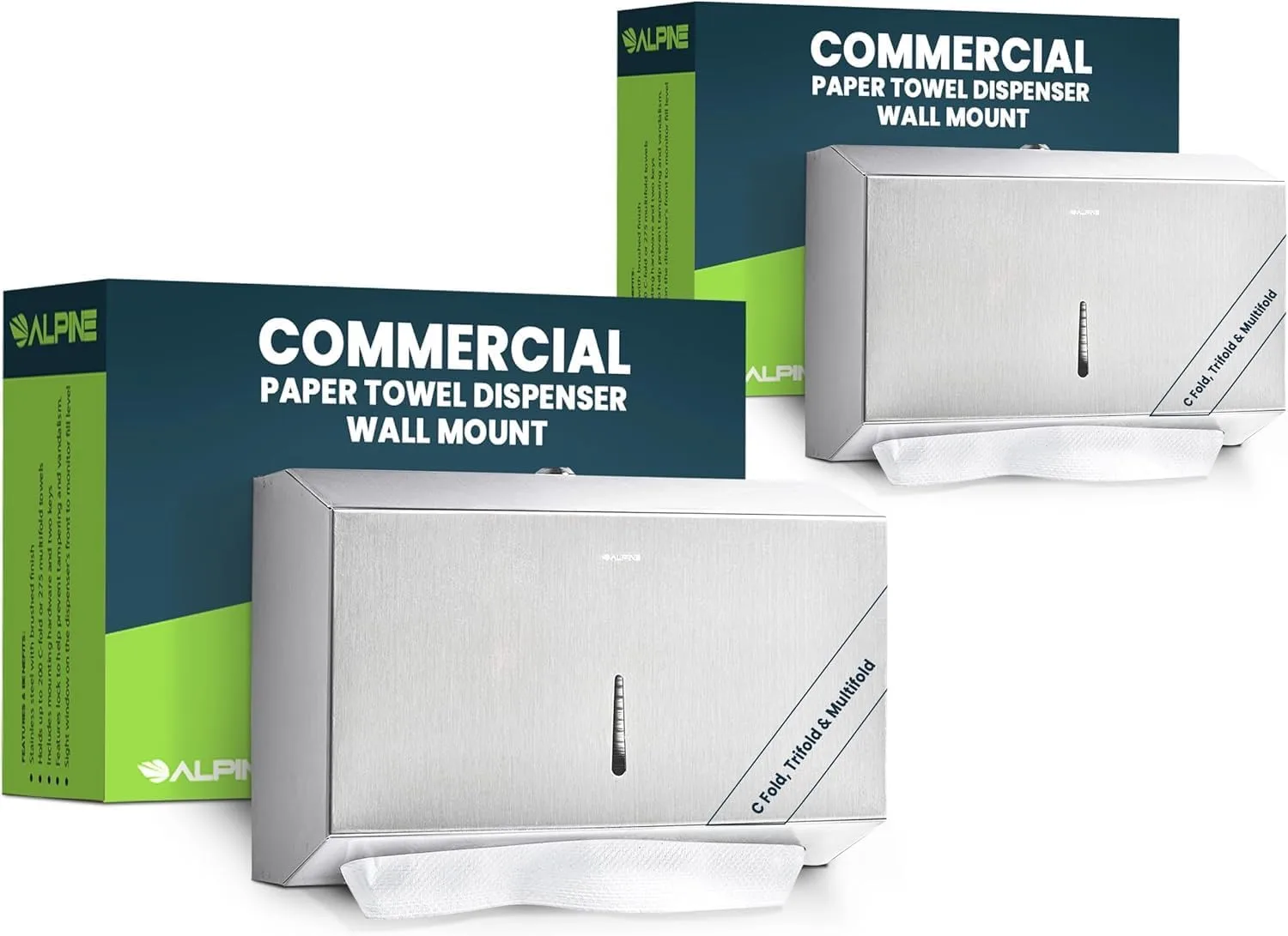 Alpine Paper Towel Dispenser Wall Mount for Multifold, Trifold & c Fold Paper Towel Holder 2-Pack Commercial Stainless Steel