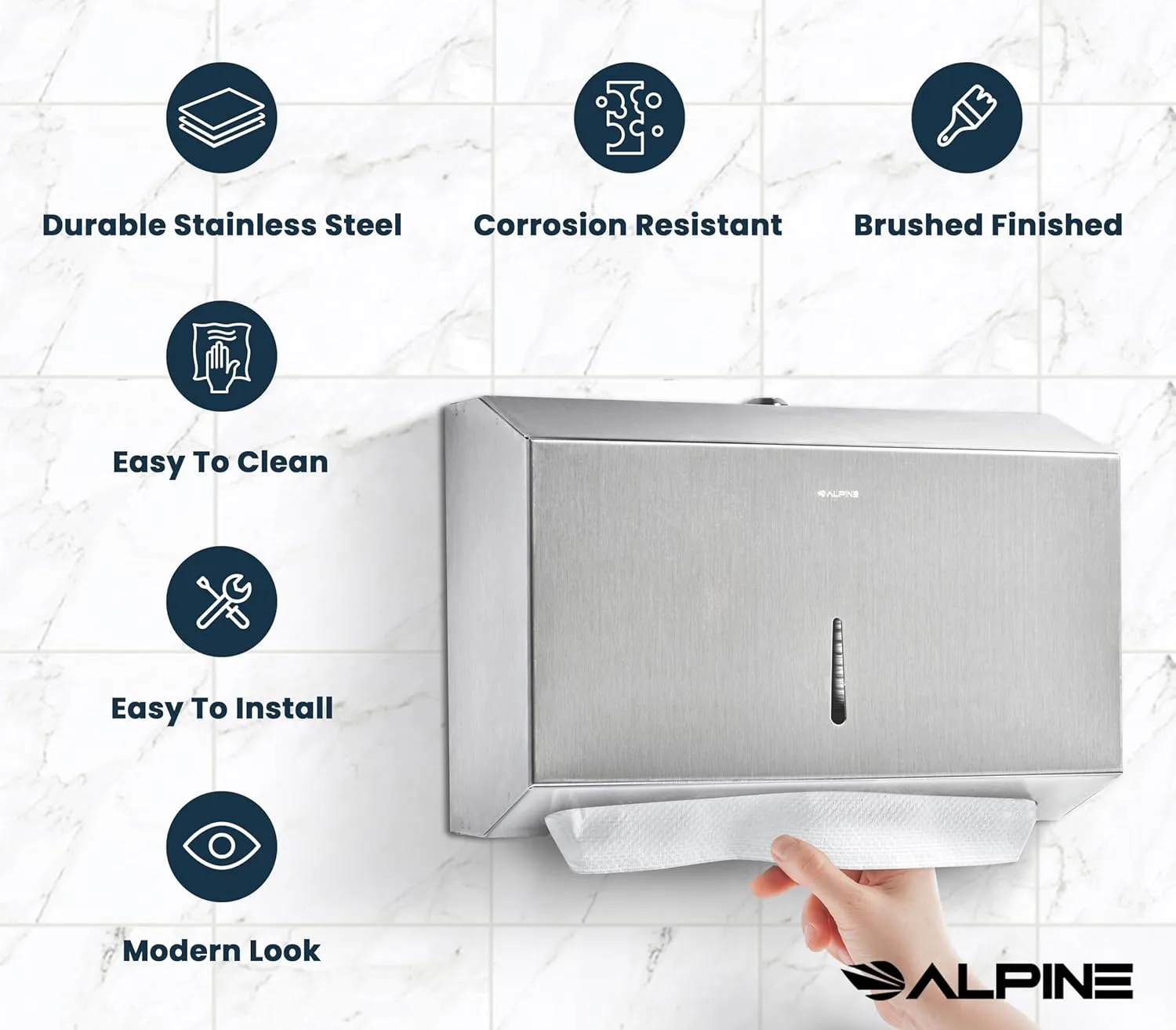 Alpine Paper Towel Dispenser Wall Mount for Multifold, Trifold & c Fold Paper Towel Holder 2-Pack Commercial Stainless Steel