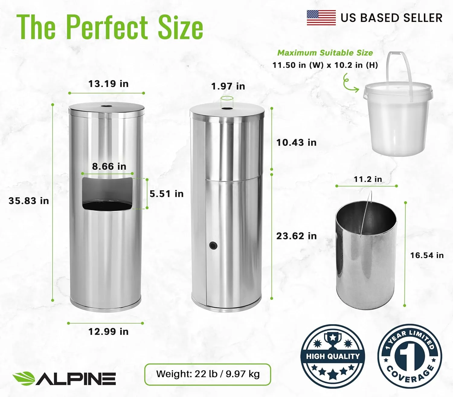 Alpine Stainless Steel Disinfecting Wipes Dispenser Floor Stand - Large Capacity Gym Wipes Dispenser with Trash Can