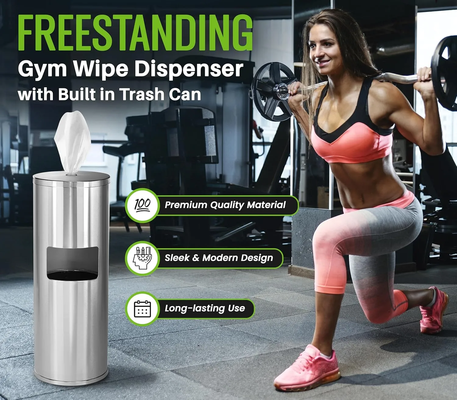 Alpine Stainless Steel Disinfecting Wipes Dispenser Floor Stand - Large Capacity Gym Wipes Dispenser with Trash Can