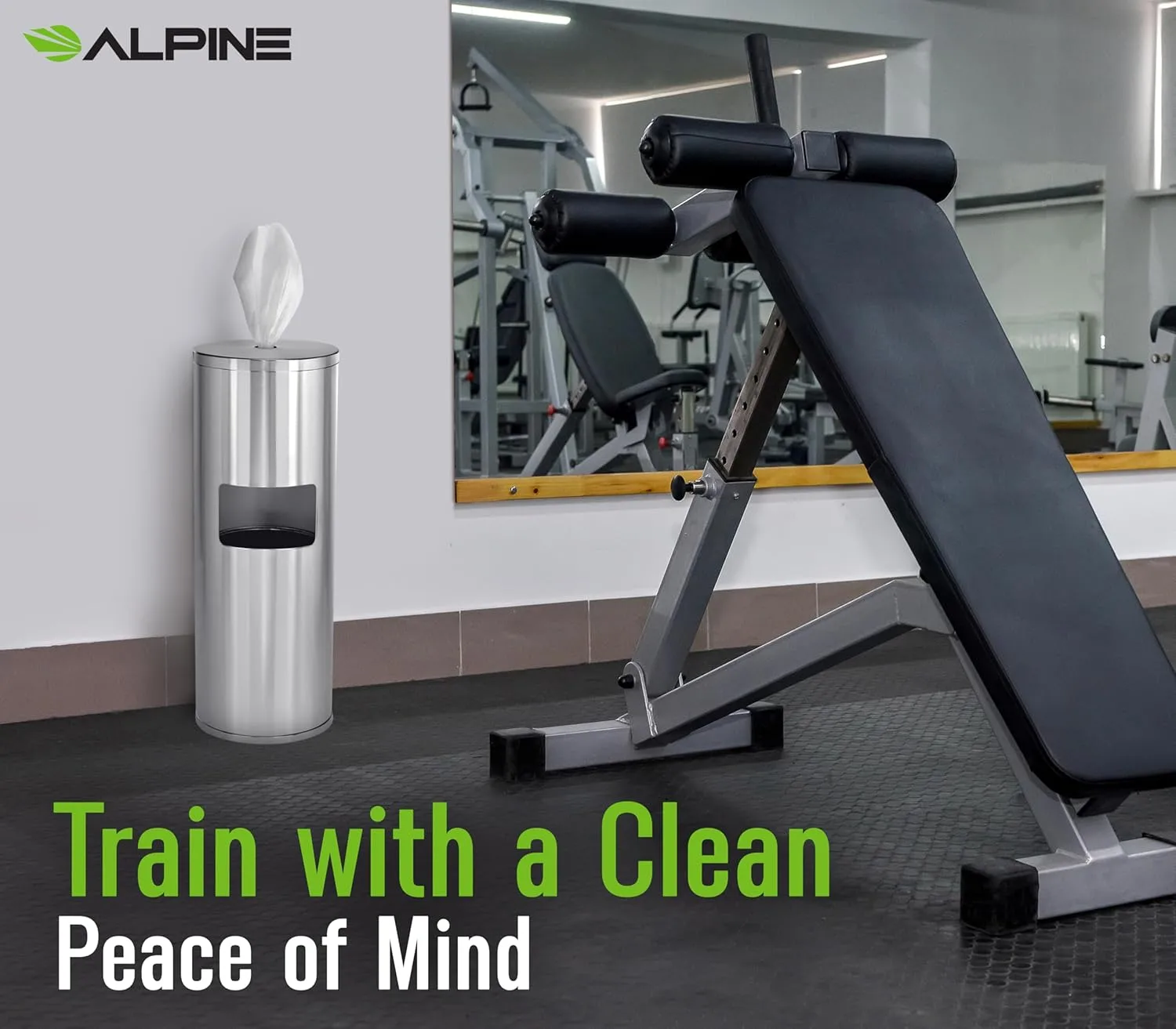 Alpine Stainless Steel Disinfecting Wipes Dispenser Floor Stand - Large Capacity Gym Wipes Dispenser with Trash Can