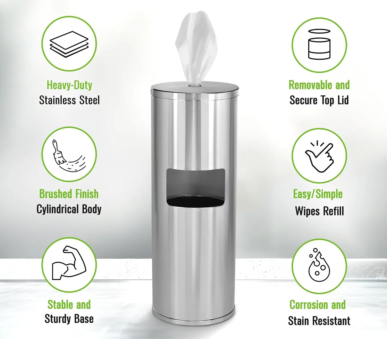 Alpine Stainless Steel Disinfecting Wipes Dispenser Floor Stand - Large Capacity Gym Wipes Dispenser with Trash Can
