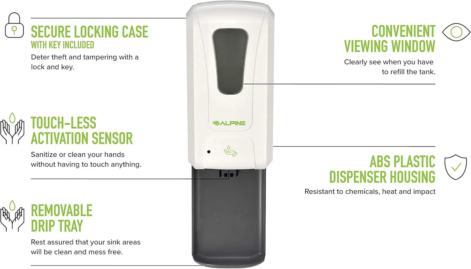 Alpine Automatic Hand Sanitizer Dispenser - Touchless Soap Dispenser with Drip Tray for Restaurant, Hospital, School, Hotel