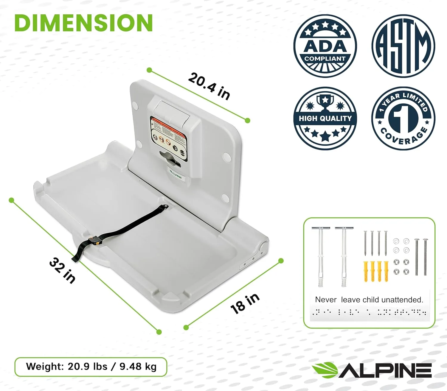 Alpine Wall Mounted Baby Changing Station - Horizontal Baby Changing Table Foldable Diaper Tables with Safety Strap