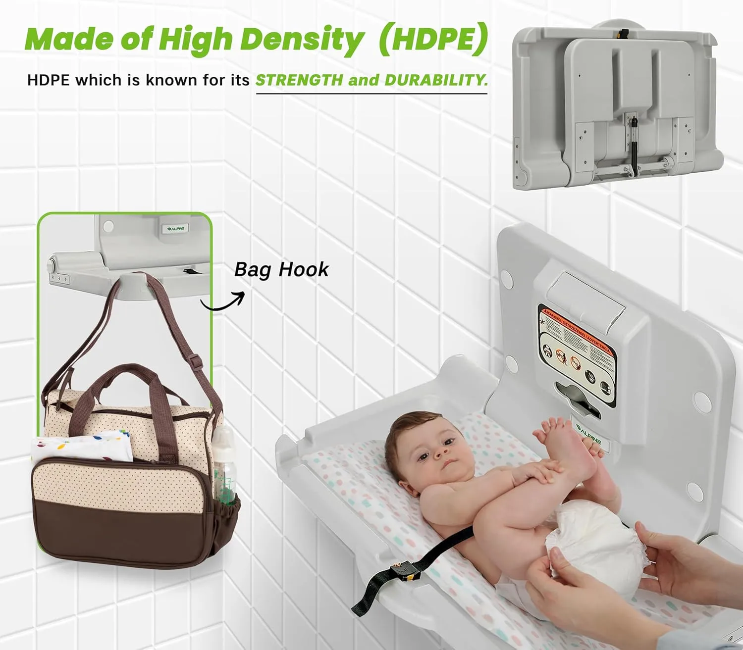 Alpine Wall Mounted Baby Changing Station - Horizontal Baby Changing Table Foldable Diaper Tables with Safety Strap