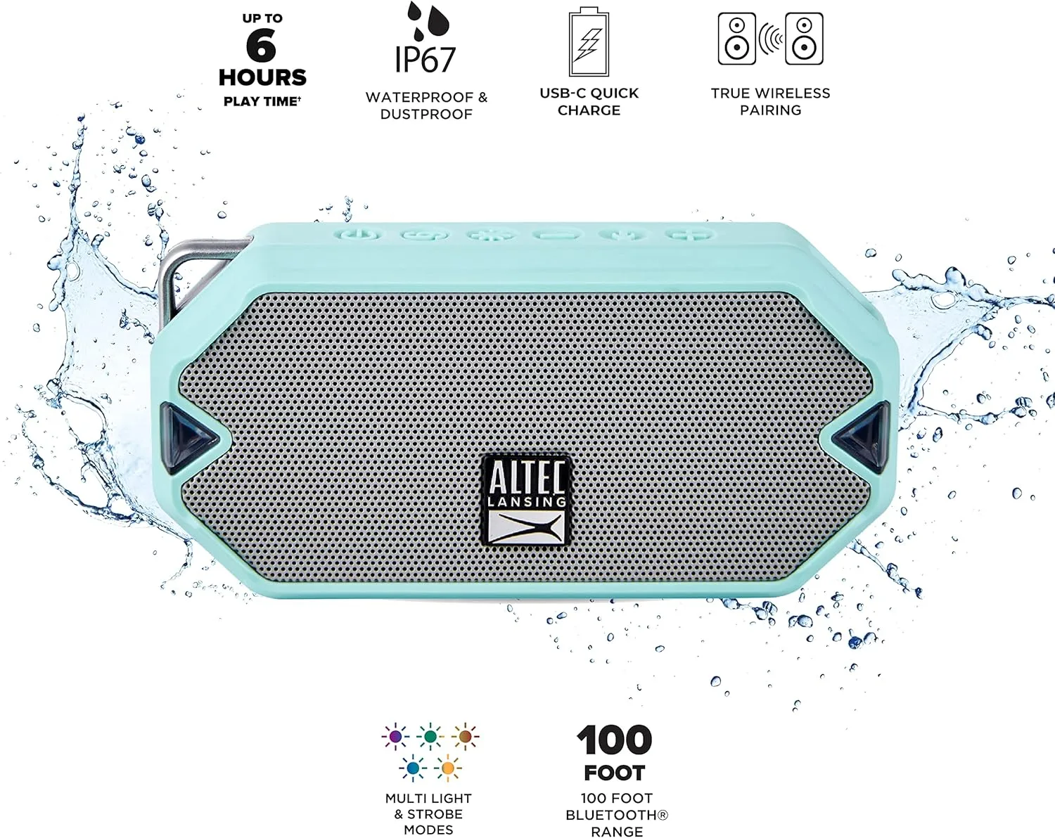 Altec Lansing HydraMini Wireless Bluetooth Speaker, IP67 Waterproof, USB-C Rechargeable