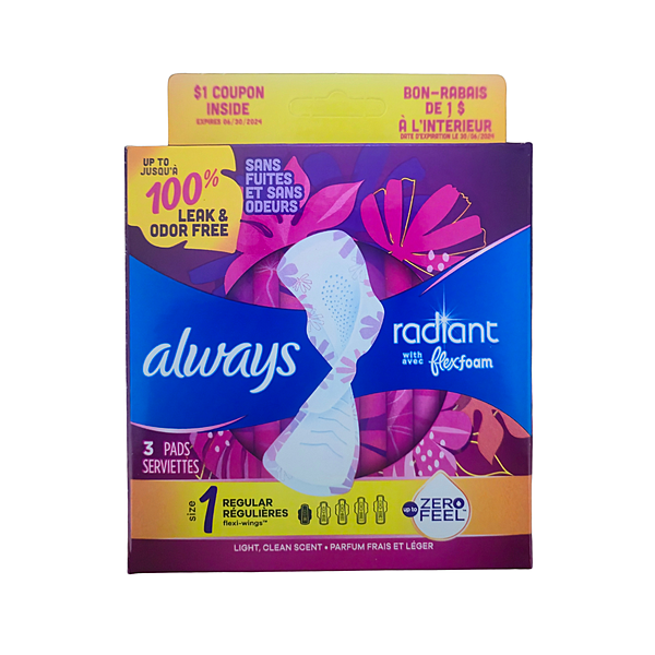 Always Radiant Flexfoam Size 1 Regular Light, Clean Scent Pads 3ct
