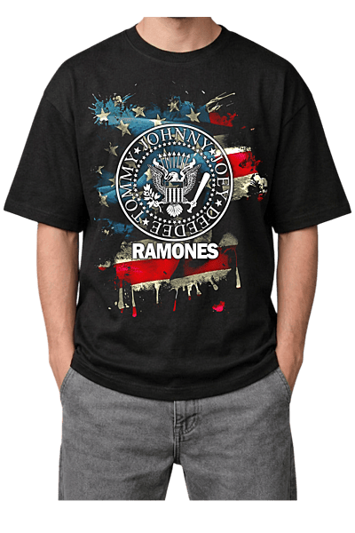 Vintage Ramones Distressed American Flag  Oversized Mens Black T-Shirt