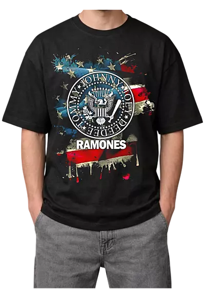 Vintage Ramones Distressed American Flag Oversized Mens Black T-Shirt