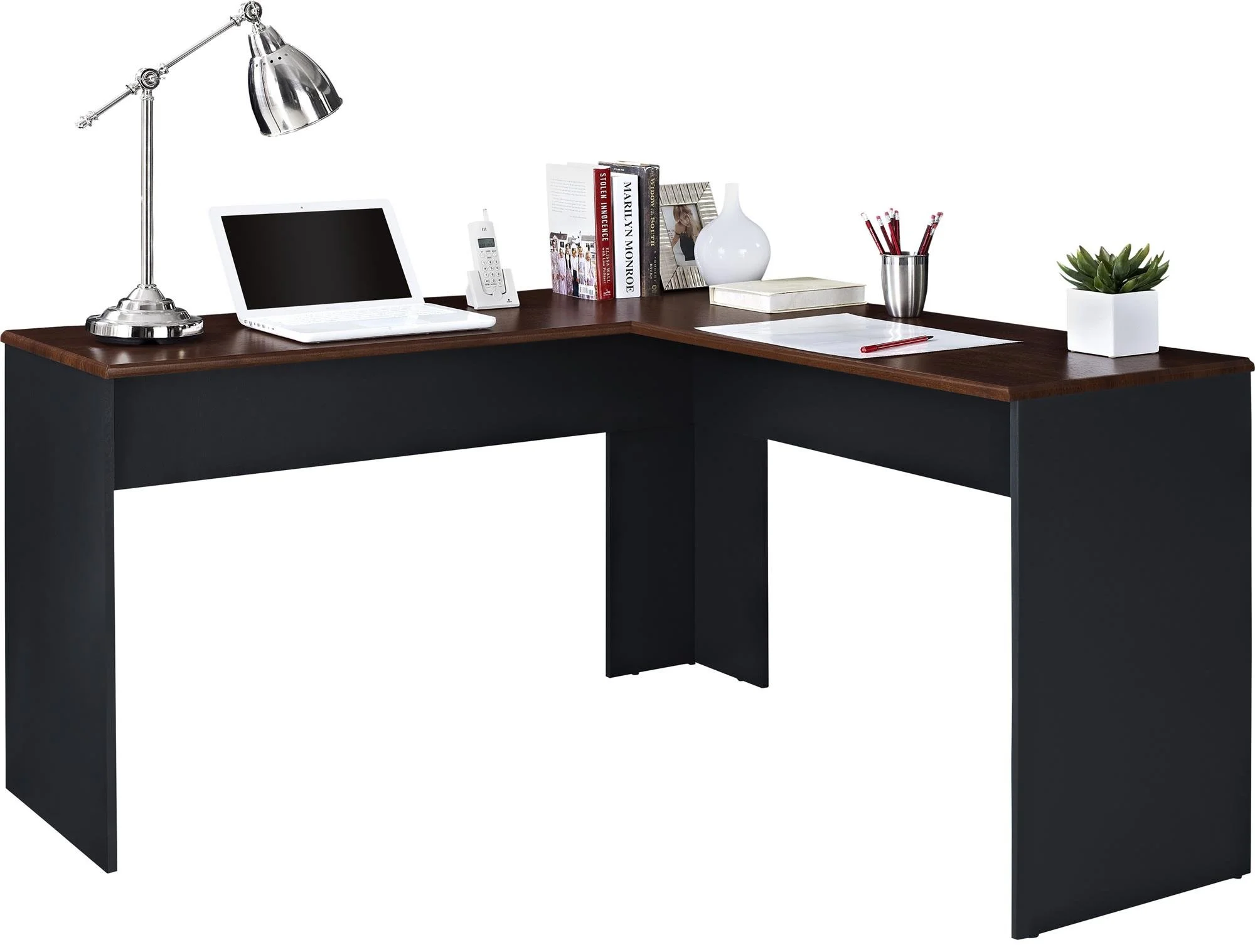 Ameriwood Home The Works 52inW L-Shaped Corner Desk, Cherry/Gray