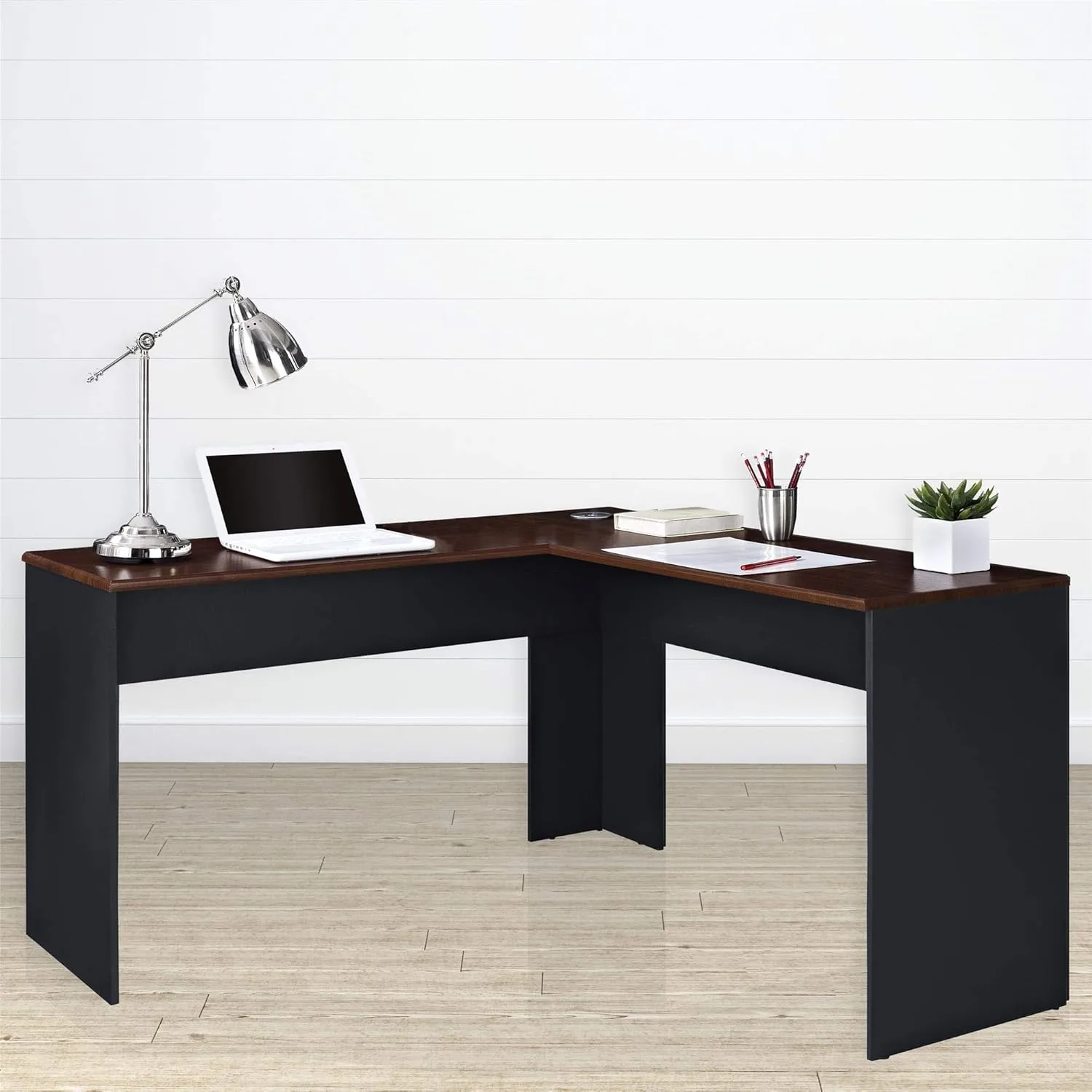 Ameriwood Home The Works 52inW L-Shaped Corner Desk, Cherry/Gray