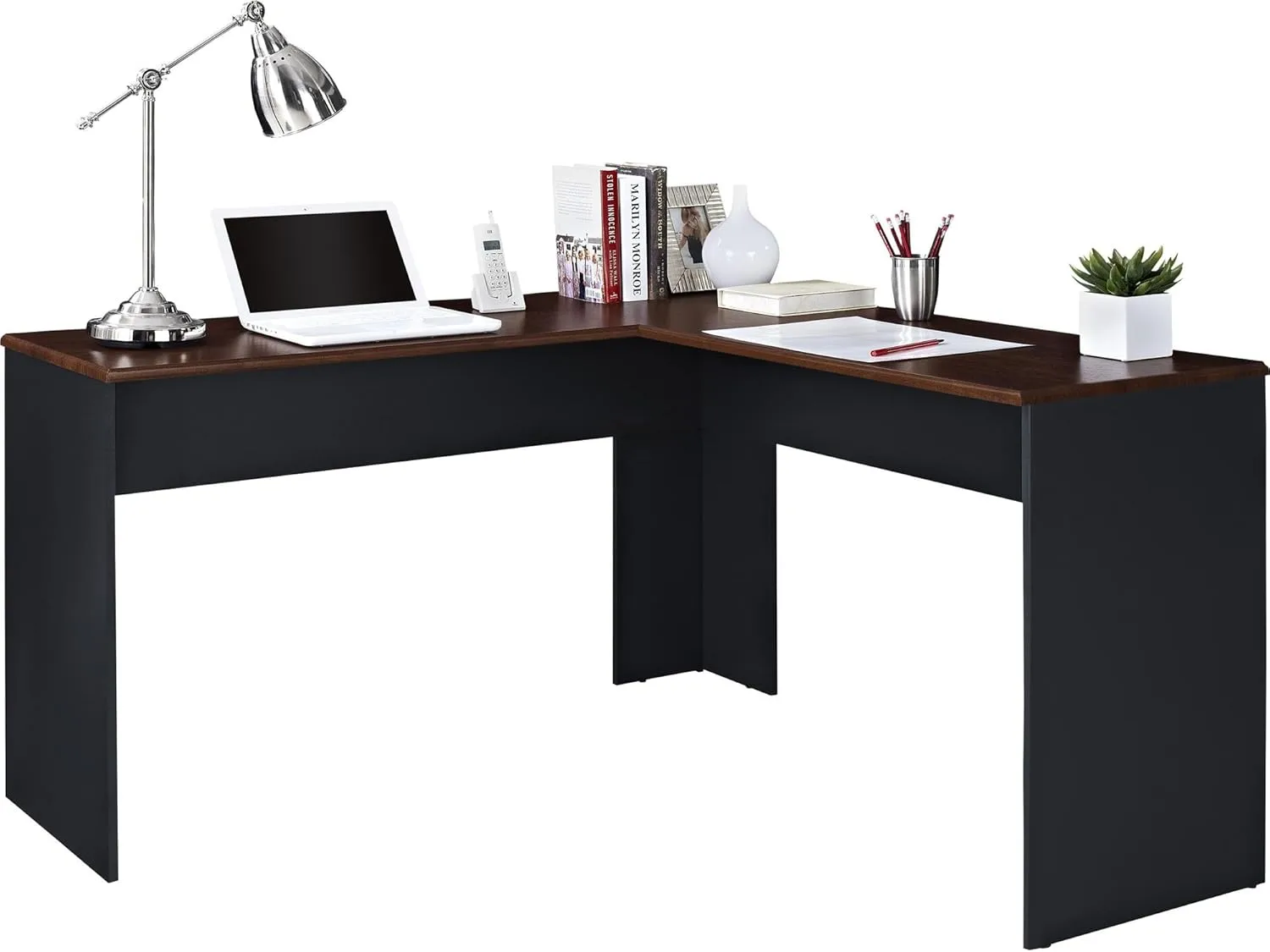 Ameriwood Home The Works 52inW L-Shaped Corner Desk, Cherry/Gray
