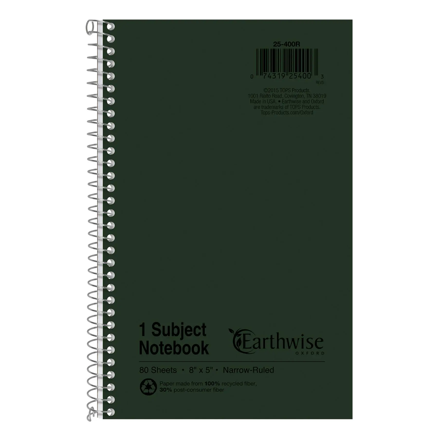 Ampad Single Wire Notebook, Recycled, 8 x 5, Narrow Ruled, 80 Sheets, Green