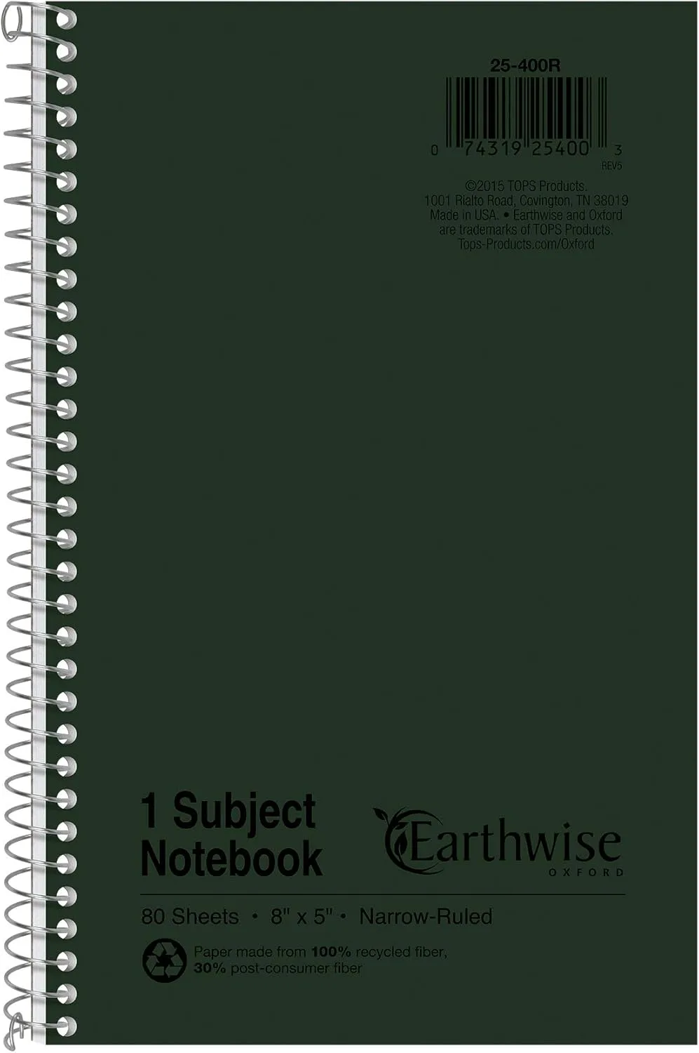 Ampad Single Wire Notebook, Recycled, 8 x 5, Narrow Ruled, 80 Sheets, Green