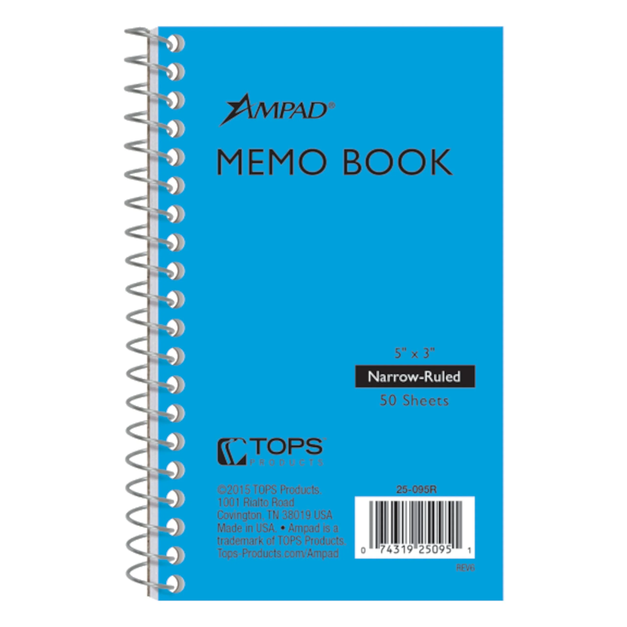 Ampad Wirebound Pocket Memo Book, College Rule, 5 x 3, White, 50 Sheets Per Pad, Assorted Colors (25-095)
