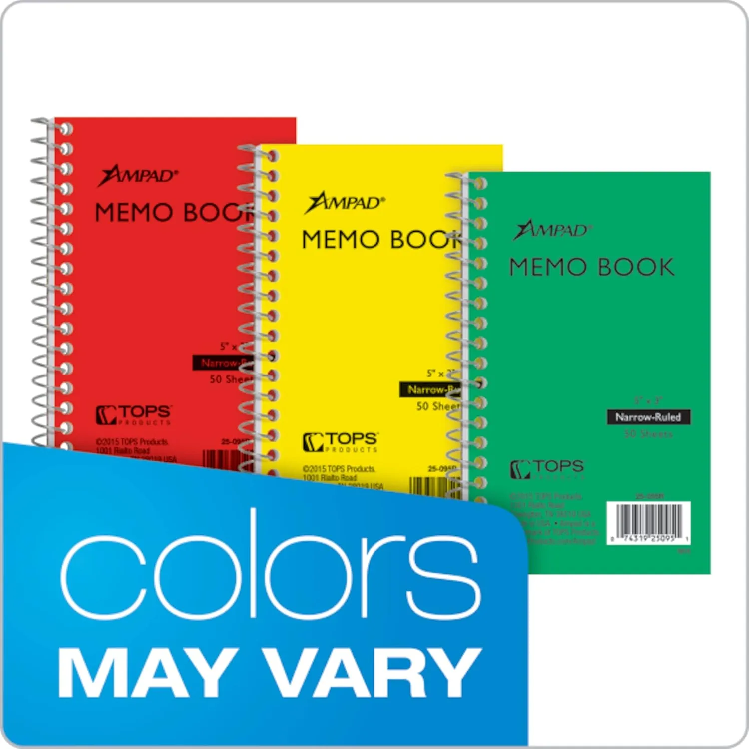 Ampad Wirebound Pocket Memo Book, College Rule, 5 x 3, White, 50 Sheets Per Pad, Assorted Colors (25-095)