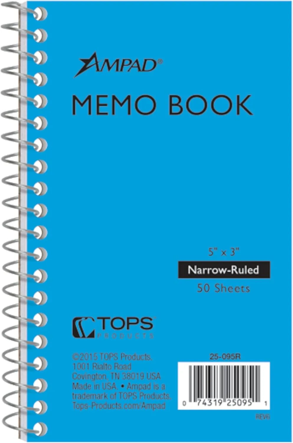 Ampad Wirebound Pocket Memo Book, College Rule, 5 x 3, White, 50 Sheets Per Pad, Assorted Colors (25-095)