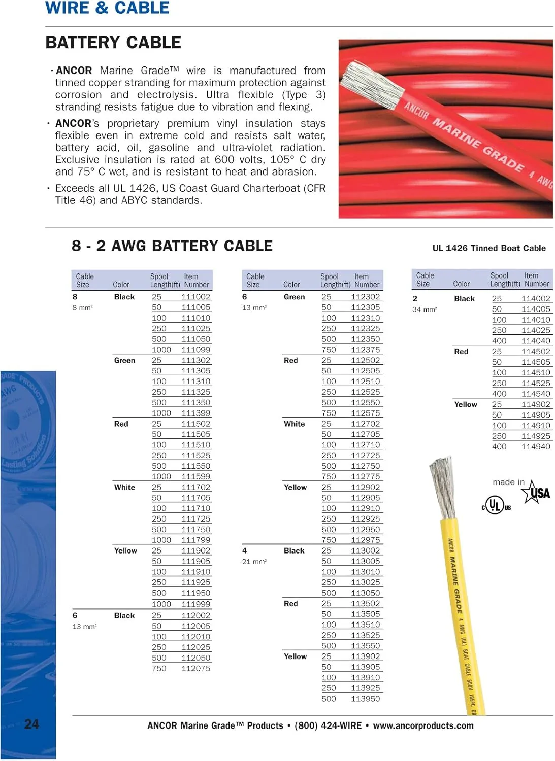 Ancor 115905 Tinned Copper Battery Cable, 1 AWG (40mm2), Yellow - 50ft
